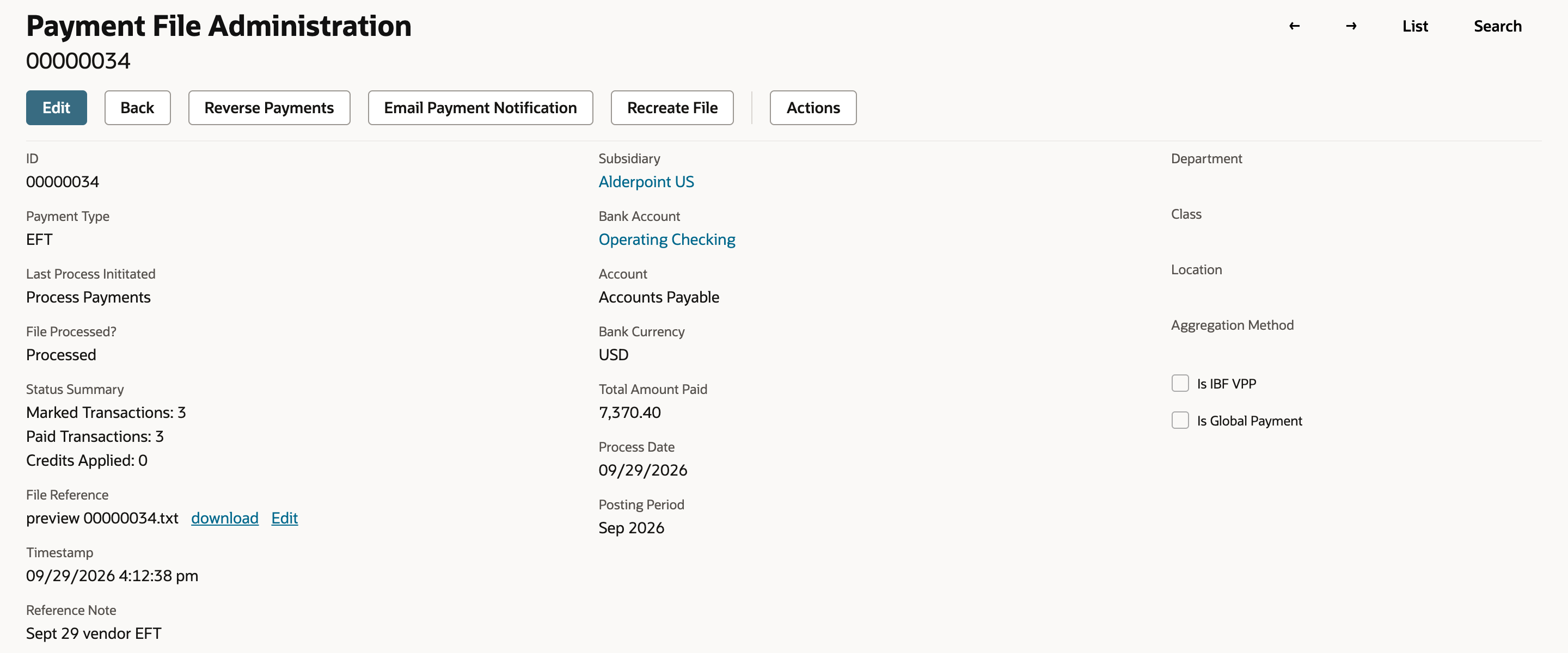 Payment File Administration 00000034 after refresh: File Processed? Processed, Marked Transactions 3, Paid Transactions 3, Total Amount Paid 7,370.40, File Reference 00000034.txt with download and Edit, and Reverse Payments, Email Payment Notification and Recreate File buttons.
