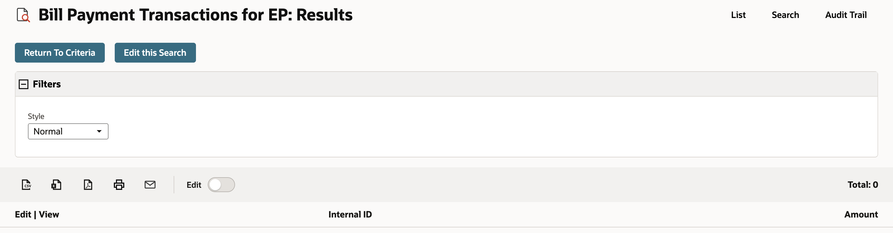 Bill Payment Transactions for EP: Results with Total 0 and no rows.