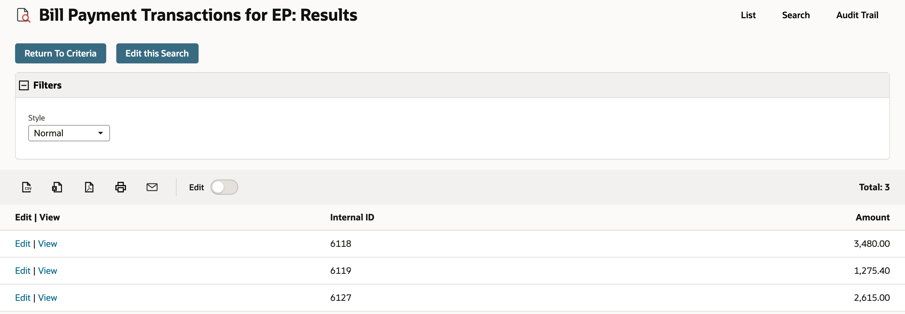 Bill Payment Transactions for EP: Results with Total 3: internal IDs 6118, 6119 and 6127 with amounts 3,480.00, 1,275.40 and 2,615.00.