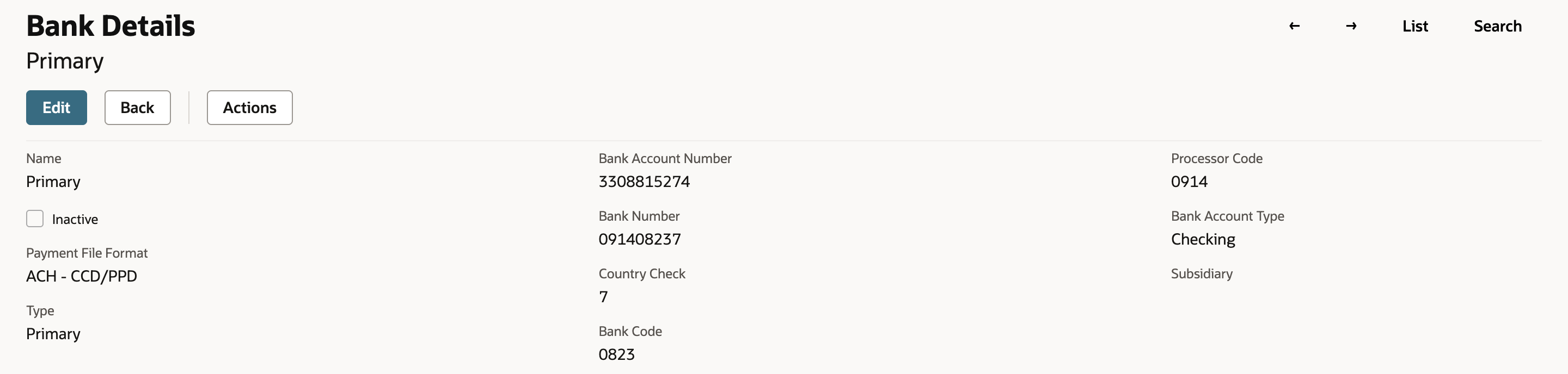 Bank Details record Primary: Payment File Format ACH - CCD/PPD, Bank Account Number 3308815274, Bank Number 091408237, Country Check 7, Bank Code 0823, Processor Code 0914, Bank Account Type Checking.