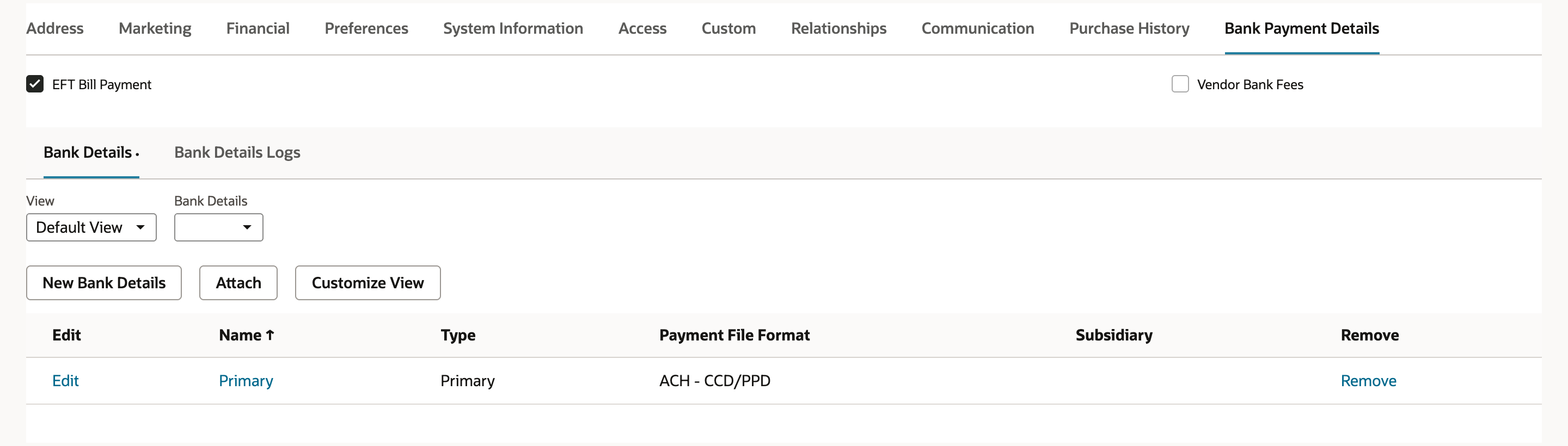 Vendor Bank Payment Details subtab with EFT Bill Payment checked, Vendor Bank Fees unchecked, and one Bank Details row: Primary, Type Primary, Payment File Format ACH - CCD/PPD.