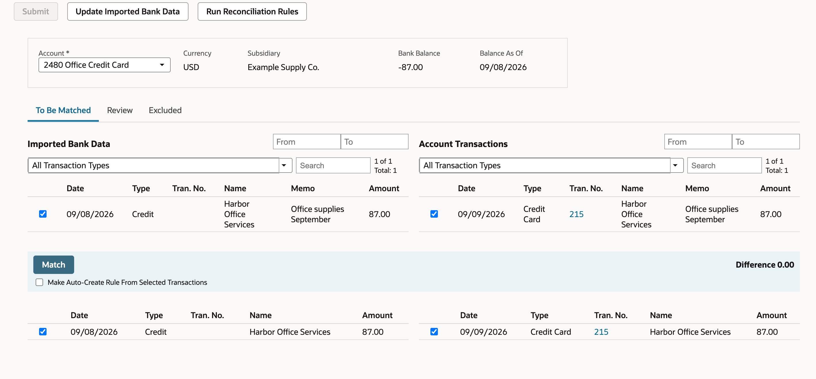 Selected bank line and account transaction with Difference 0.00.