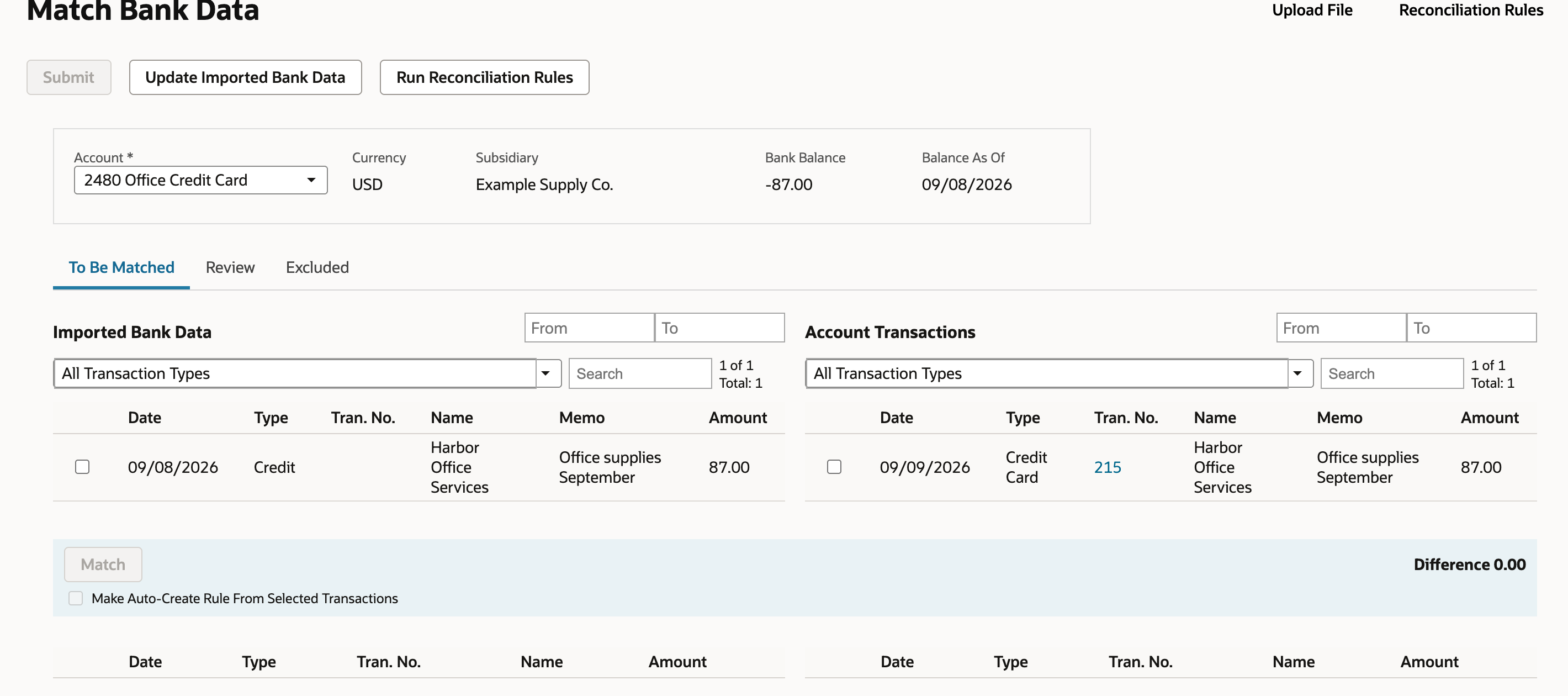 Imported credit and saved credit-card charge for the same merchant and amount.