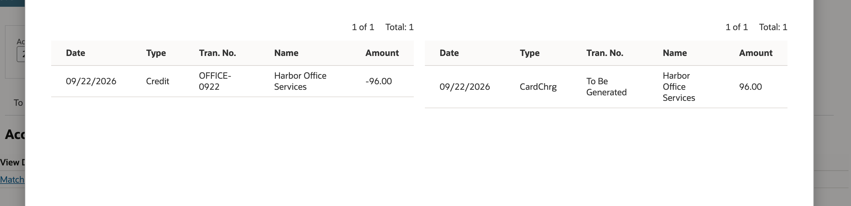 Matched Transaction detail showing imported Credit -96.00 and proposed CardChrg 96.00 marked To Be Generated.