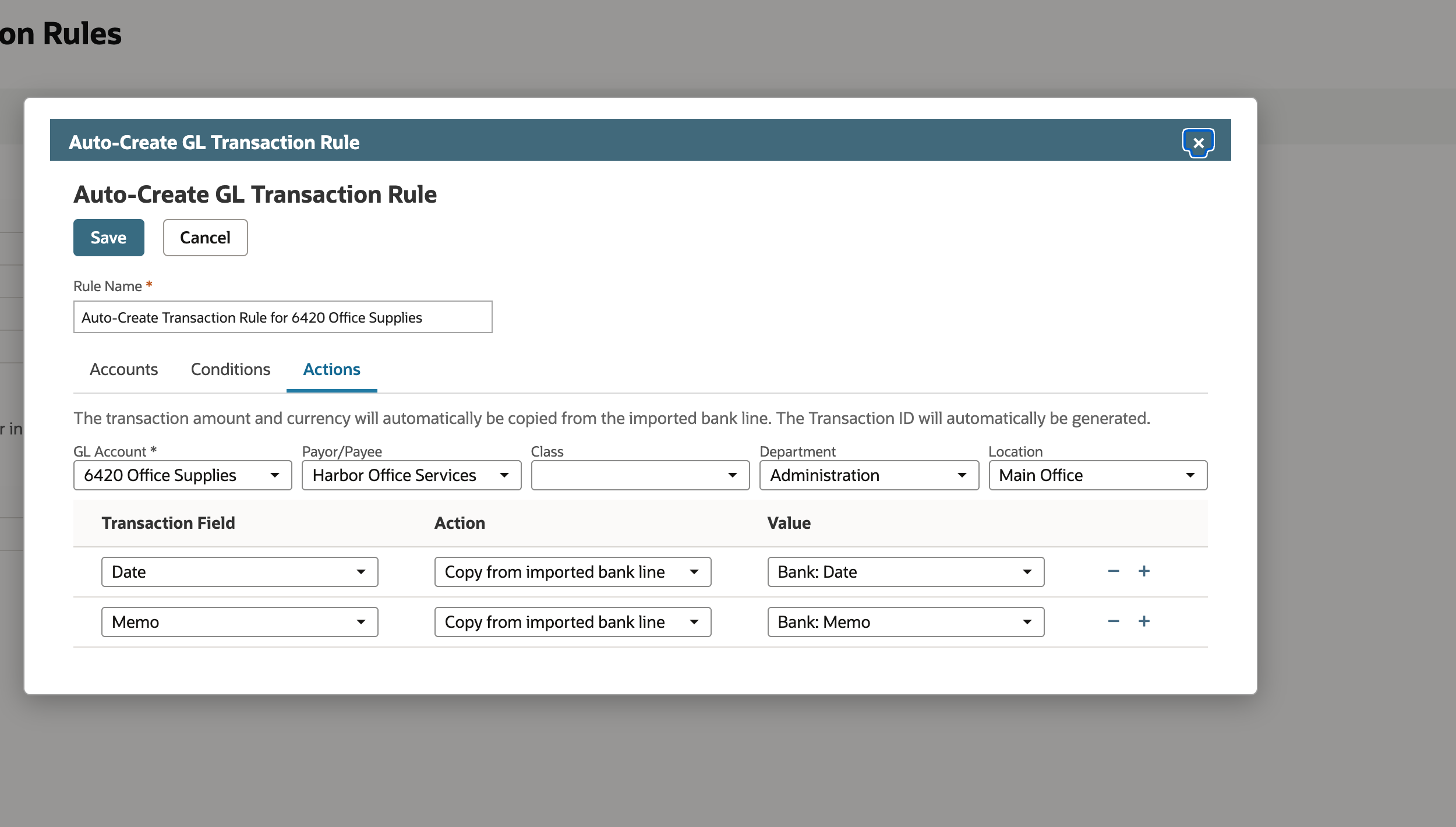 Rule Actions showing the office-supplies account and copied bank-data fields.