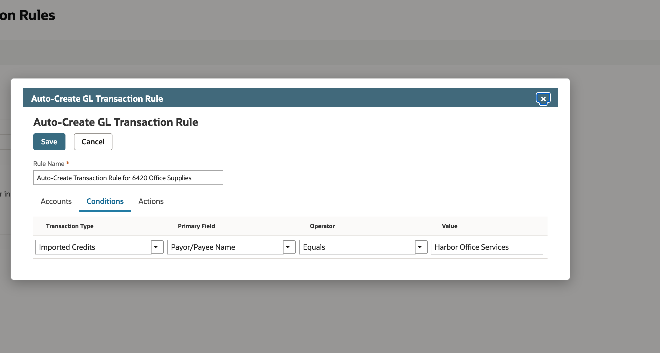 Rule Conditions showing Imported Credits and a merchant-name comparison.