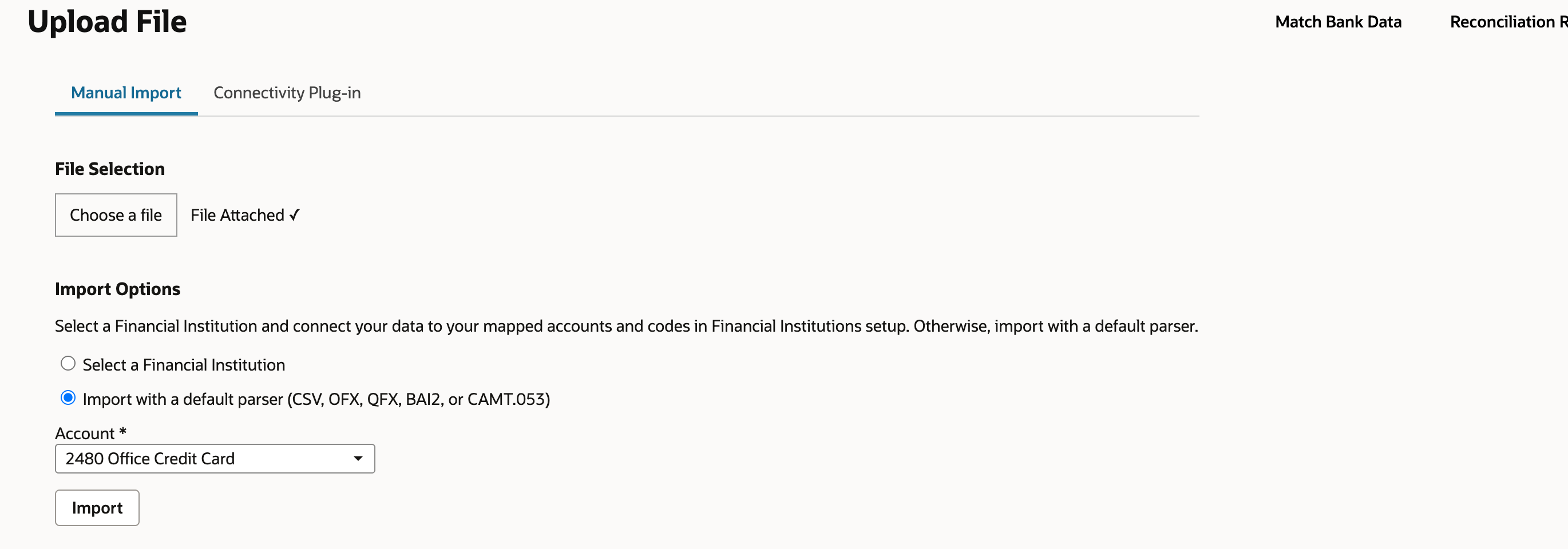 Bank-data upload form with a CSV file, default parser, and office credit-card account.