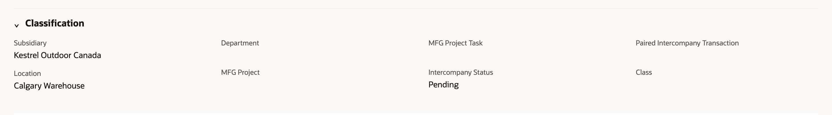The Classification section of PO4471: Subsidiary Kestrel Outdoor Canada, Location Calgary Warehouse, Intercompany Status Pending, and an empty Paired Intercompany Transaction field.