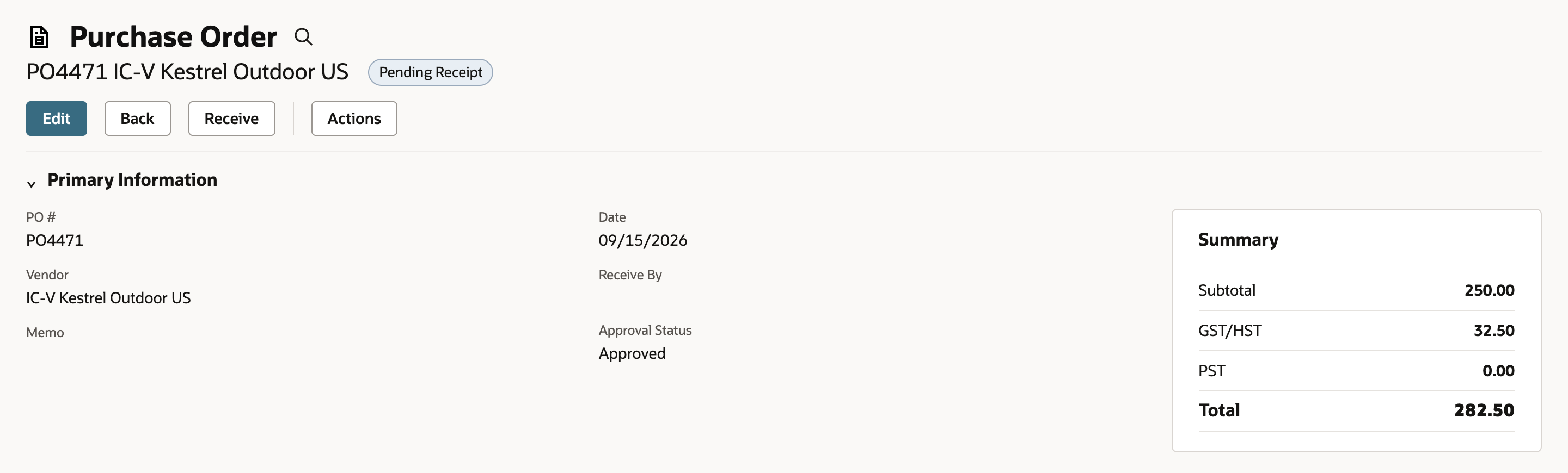 Purchase Order PO4471 IC-V Kestrel Outdoor US with status Pending Receipt. The Summary shows Subtotal 250.00, GST/HST 32.50, PST 0.00 and Total 282.50.