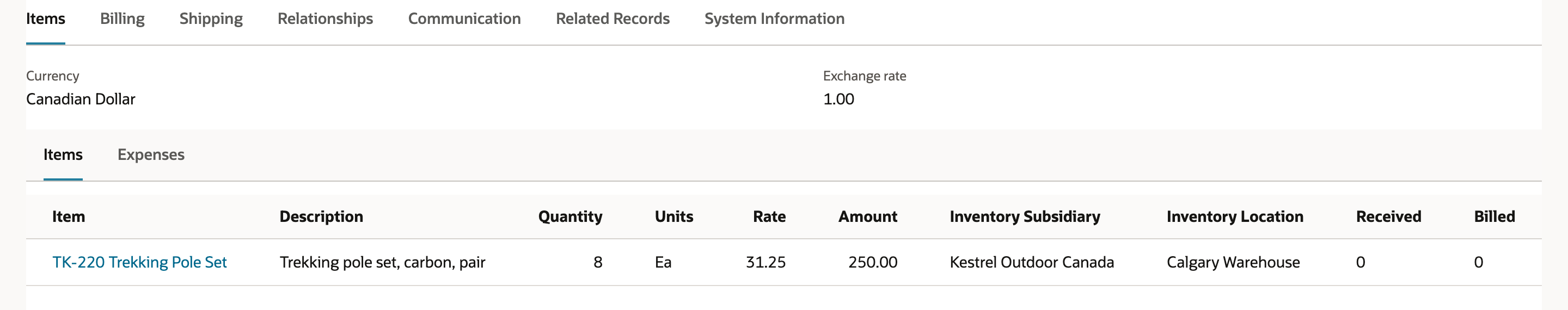 The Items subtab of PO4471: Currency Canadian Dollar, Exchange rate 1.00, and one line for TK-220 Trekking Pole Set, Quantity 8, Units Ea, Rate 31.25, Amount 250.00, at Calgary Warehouse.