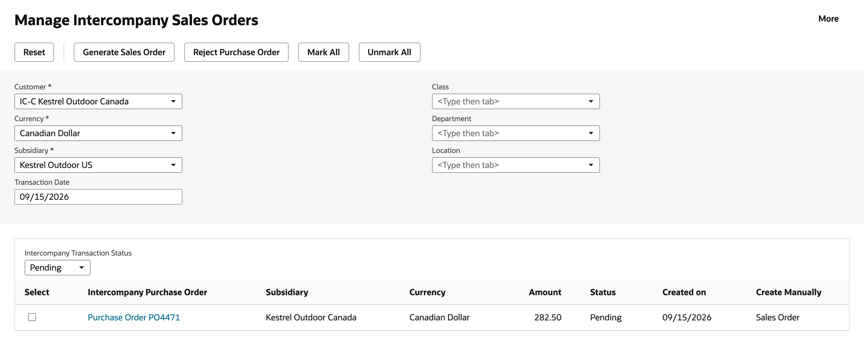 Manage Intercompany Sales Orders with Currency Canadian Dollar. The grid lists Purchase Order PO4471, Subsidiary Kestrel Outdoor Canada, Currency Canadian Dollar, Amount 282.50, Status Pending, Created on 09/15/2026, Create Manually Sales Order.