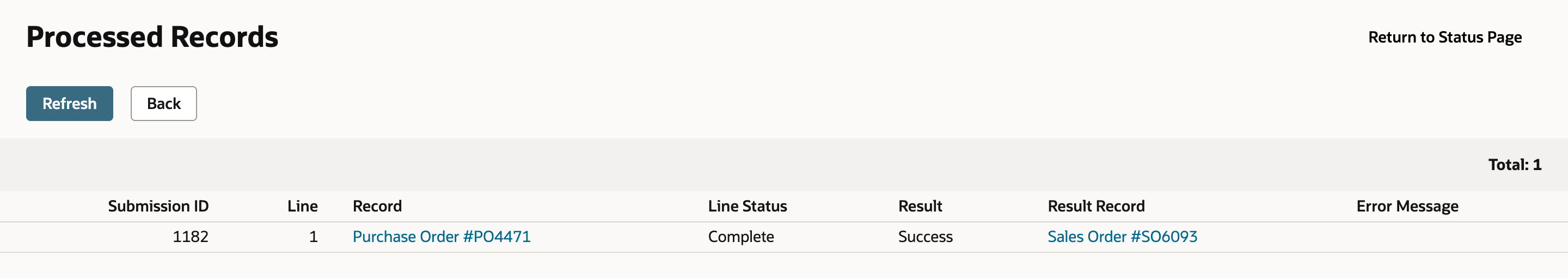 Processed Records after Refresh: Purchase Order #PO4471, Line Status Complete, Result Success, Result Record Sales Order #SO6093.