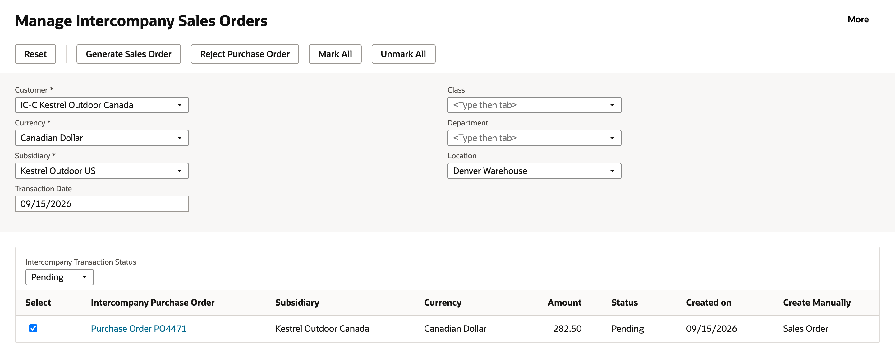 The queue with Customer IC-C Kestrel Outdoor Canada, Currency Canadian Dollar, Subsidiary Kestrel Outdoor US and Location Denver Warehouse. The PO4471 row is checked.