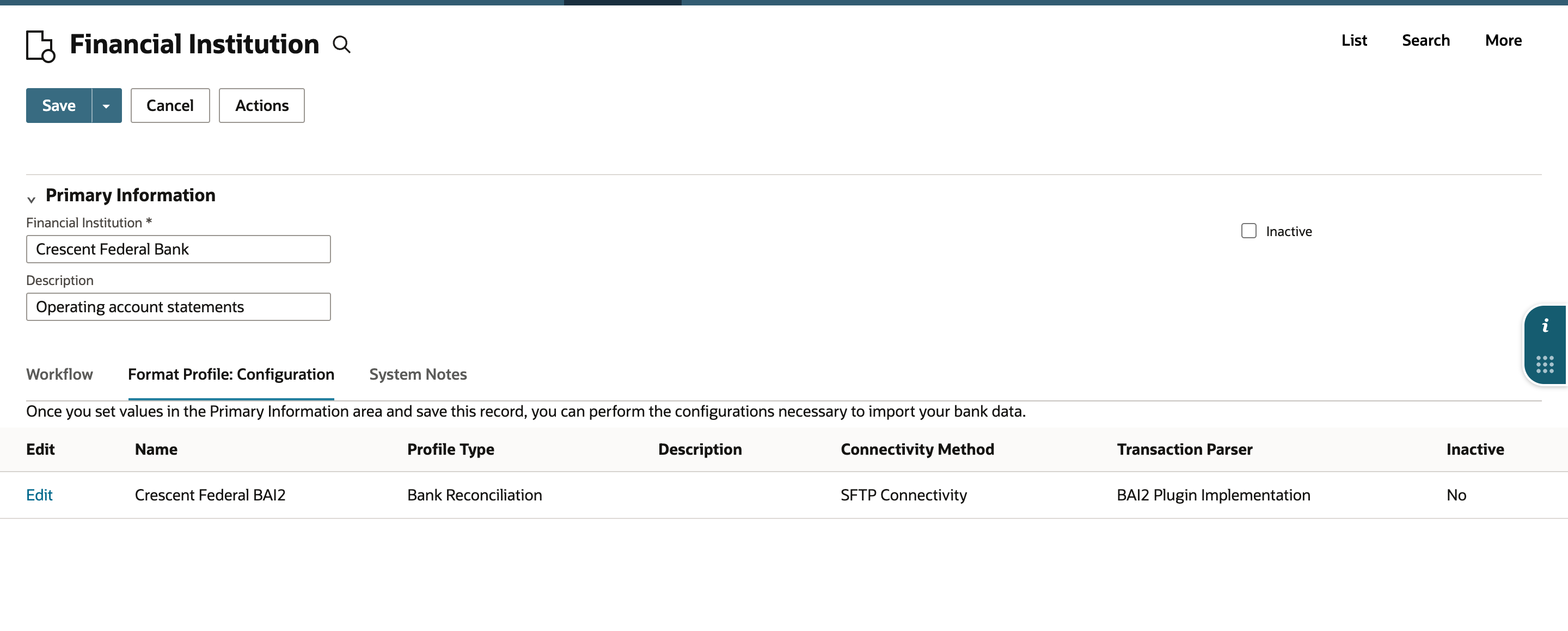 Financial Institution record for Crescent Federal Bank on the Format Profile: Configuration subtab, with the Crescent Federal BAI2 profile using SFTP Connectivity and a red arrow pointing at its Edit link.