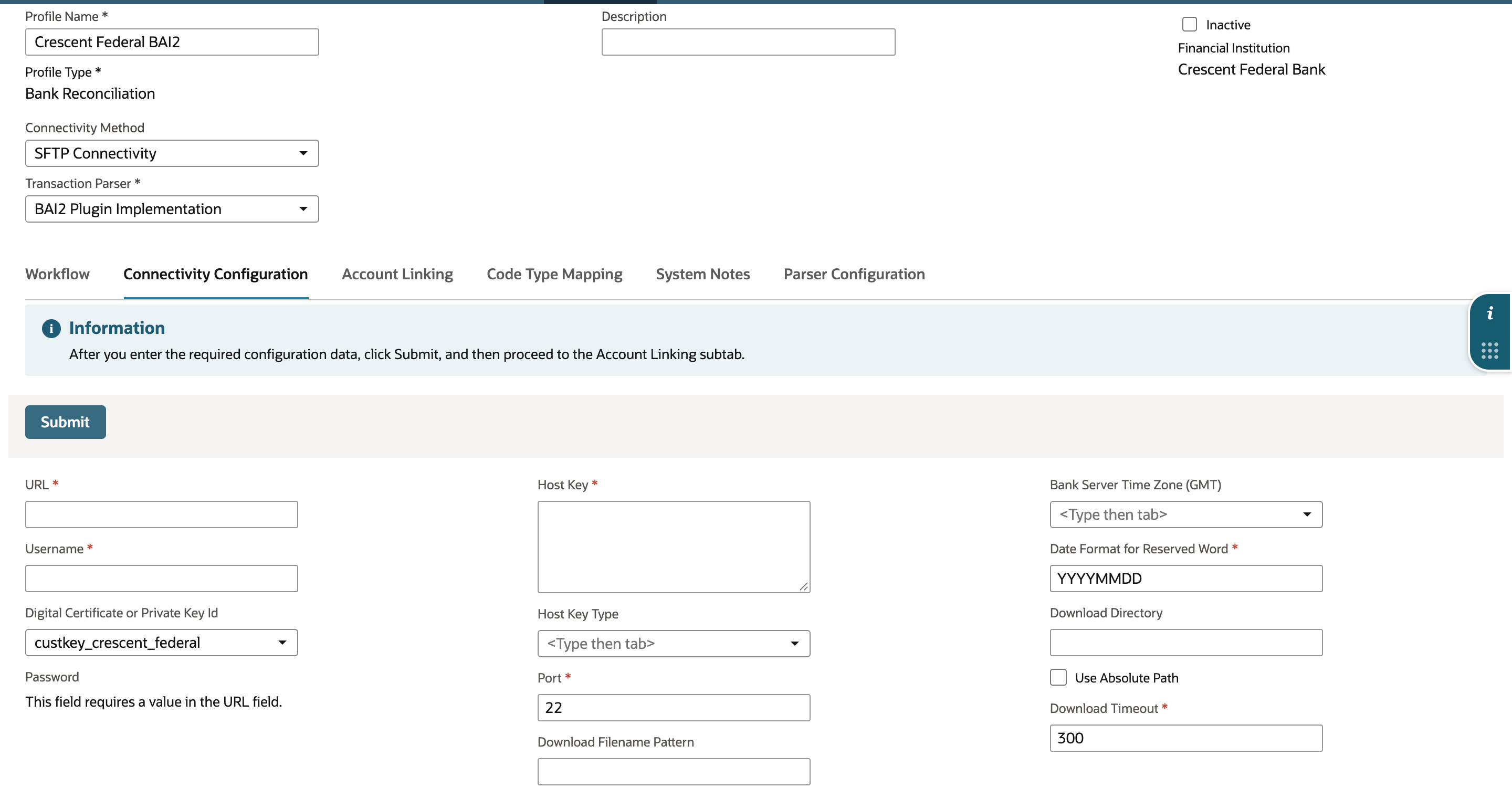 Connectivity Configuration subtab of the Crescent Federal BAI2 format profile with Digital Certificate or Private Key Id set to custkey_crescent_federal and a red arrow pointing at it.