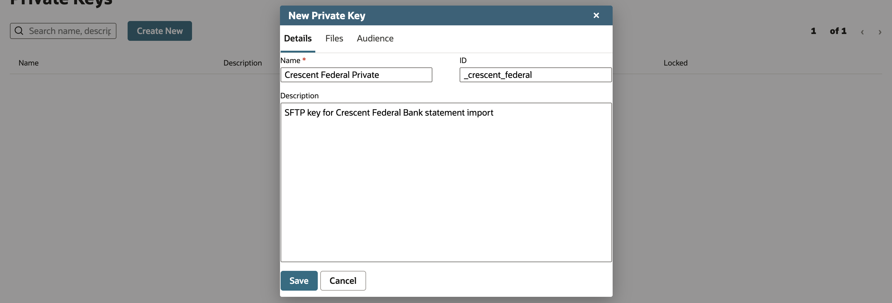 New Private Key dialog on the Details tab with Name Crescent Federal Private, ID _crescent_federal, and a description.