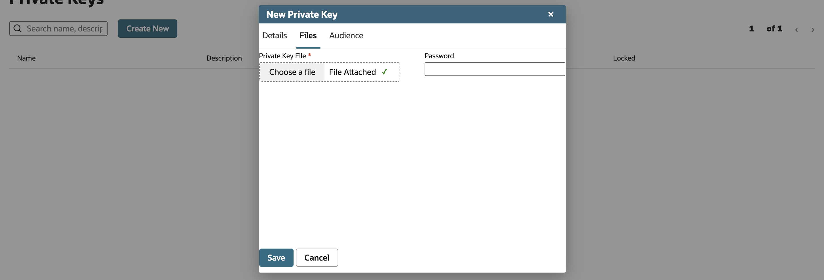 New Private Key dialog on the Files tab with Private Key File showing File Attached, marked by a red arrow, and an empty Password field.