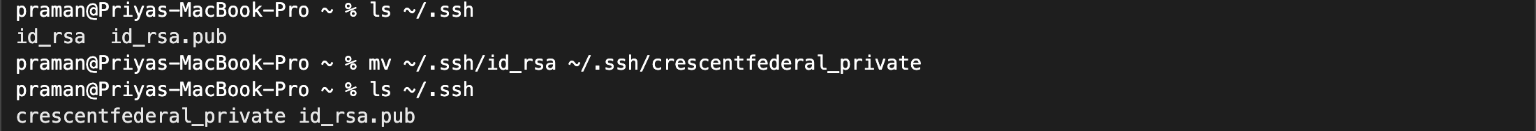 Terminal listing the .ssh folder before and after the mv command: id_rsa and id_rsa.pub become crescentfederal_private and id_rsa.pub.