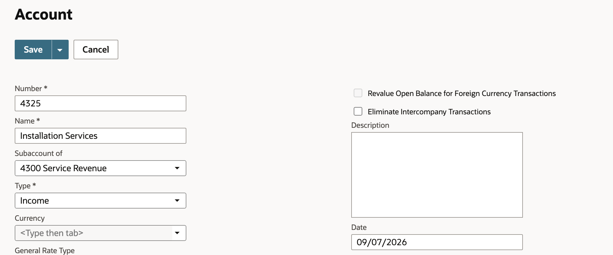 Enter the number, name, parent account, and displayed account type.