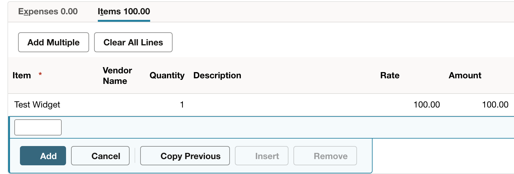 Items subtab on a NetSuite purchase order showing Test Widget with quantity 1, rate 100.00, and amount 100.00