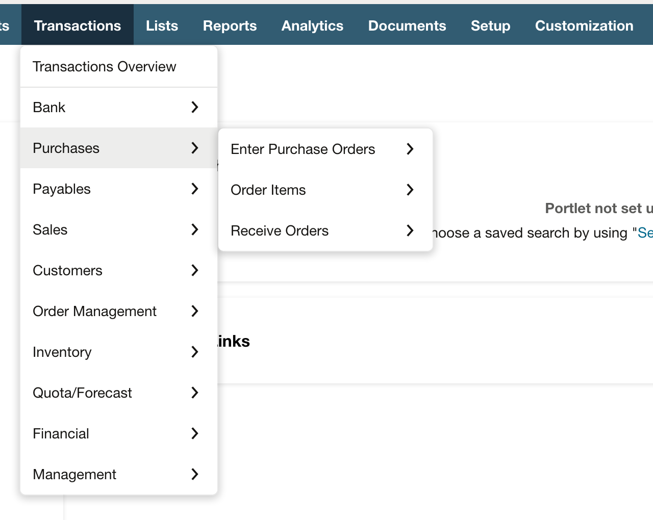NetSuite Transactions menu expanded through Purchases to Enter Purchase Orders
