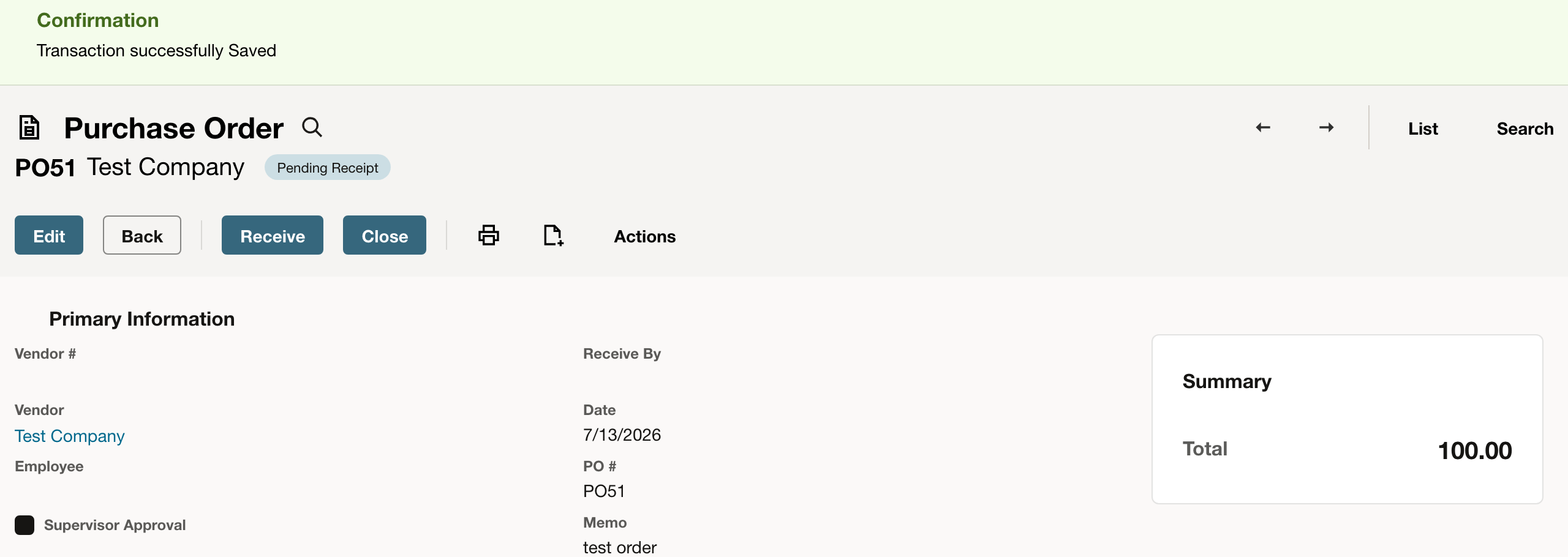 Saved NetSuite purchase order PO51 for Test Company, with Pending Receipt status and a total of 100.00