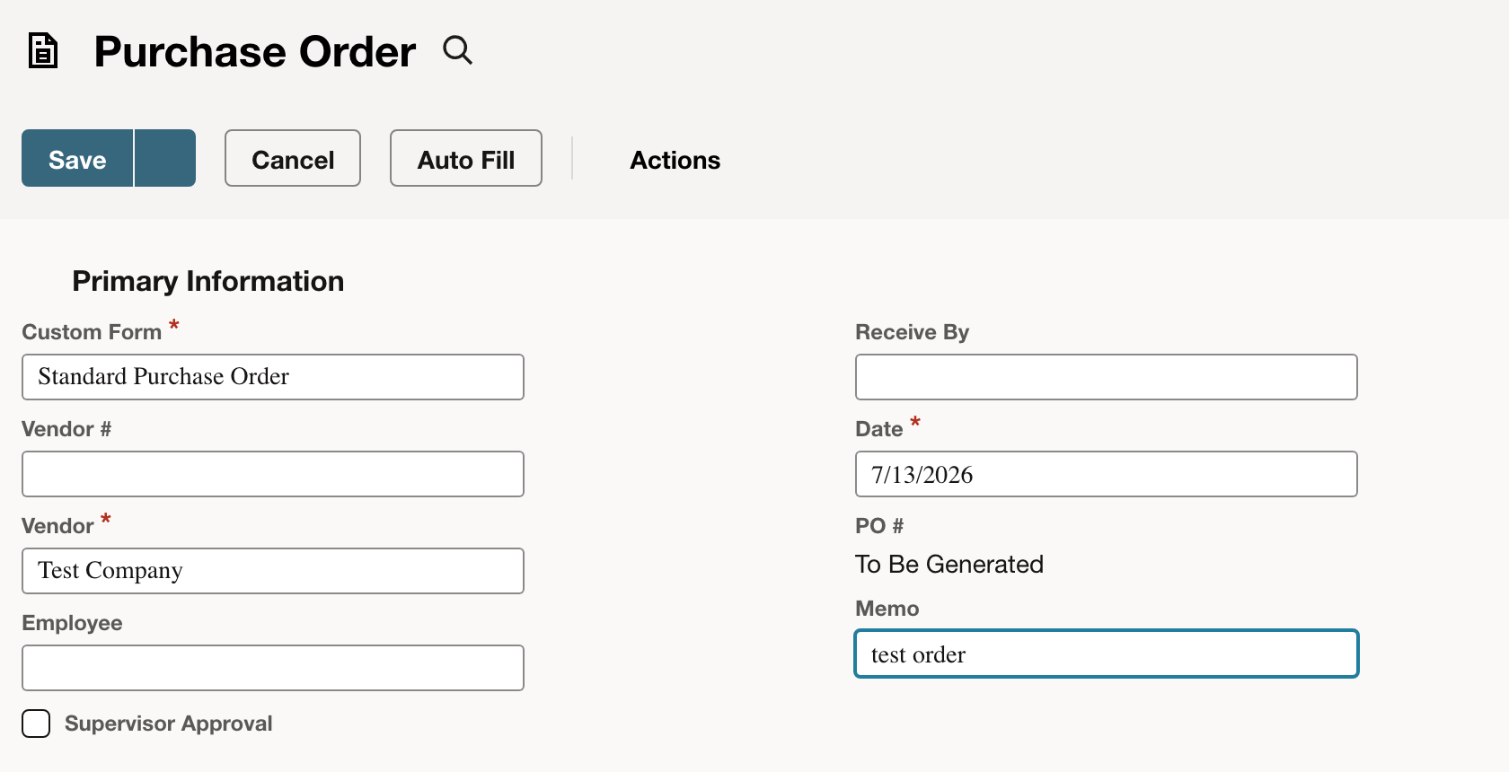NetSuite purchase order with Test Company selected as the vendor and test order entered in the Memo field