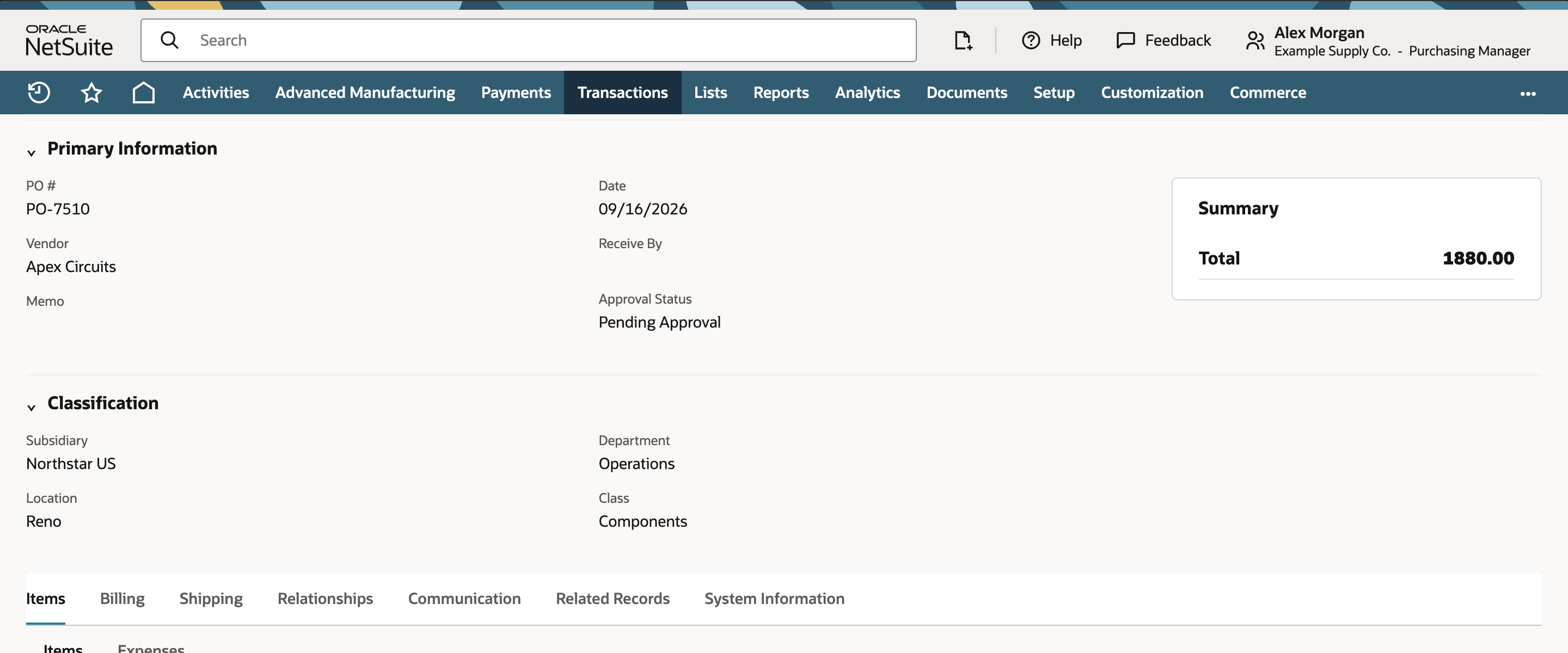 PO-7510 for Apex Circuits with Sensor Board and Enclosure lines totaling 1880 dollars and zero received or billed