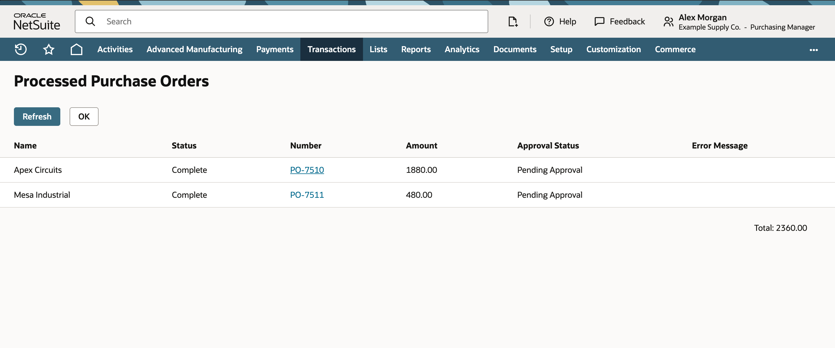 Processed Purchase Orders with complete PO-7510 for Apex Circuits and PO-7511 for Mesa Industrial