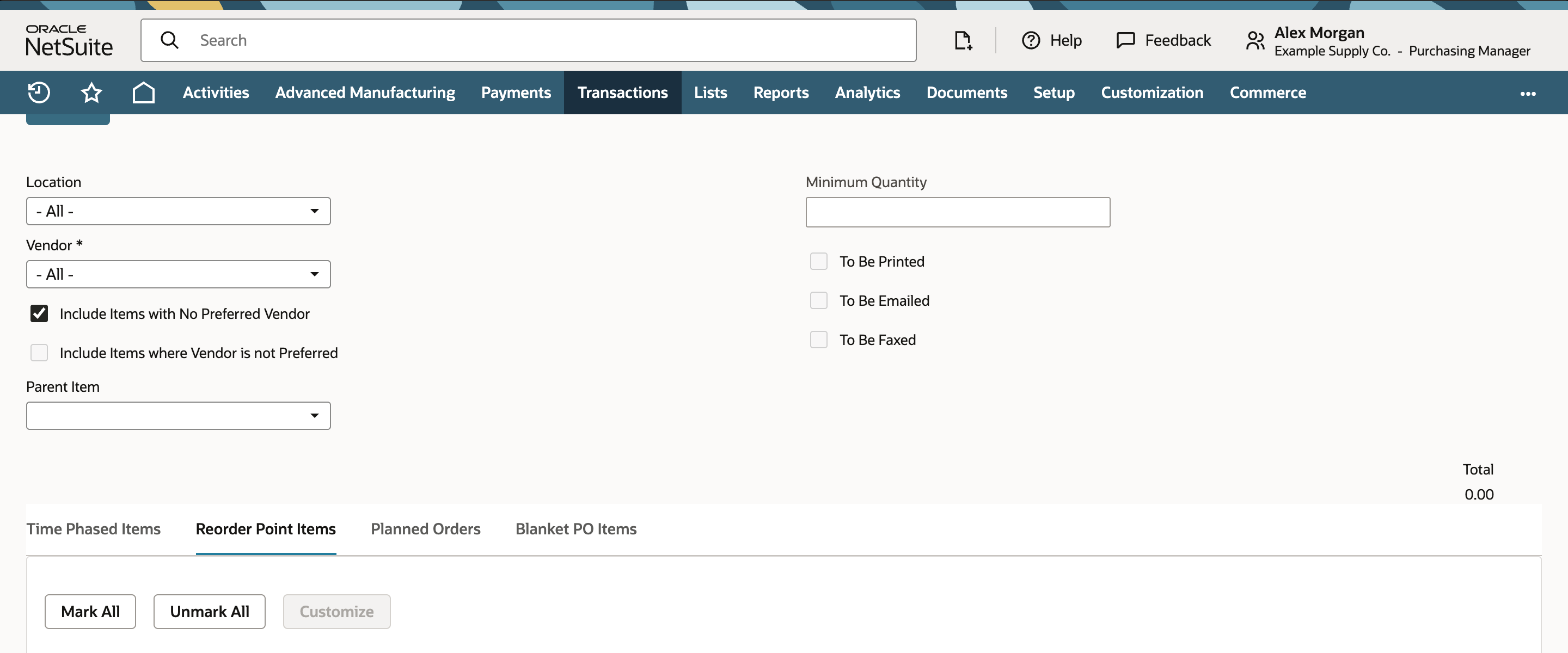 Order Items Reorder Point Items table with Sensor Board, Enclosure, and Fastener Kit replenishment recommendations