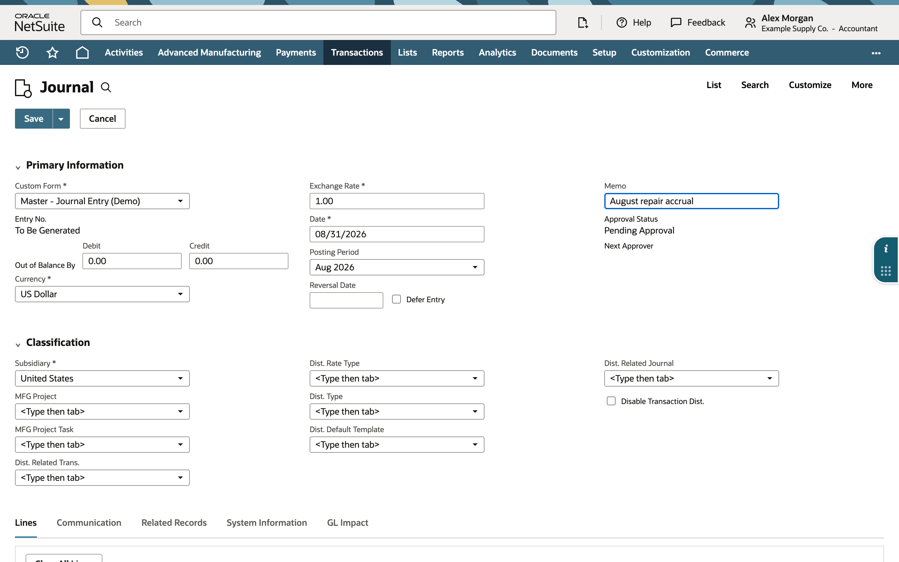 NetSuite journal form with August 31 date, August posting period, and August repair accrual memo