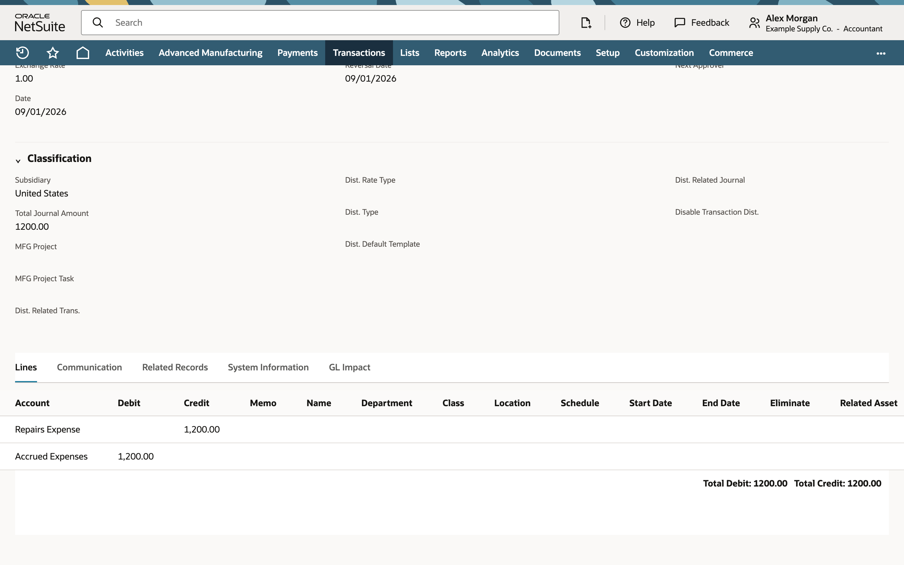 Reversal journal lines with Repairs Expense credited 1,200.00 and Accrued Expenses debited 1,200.00