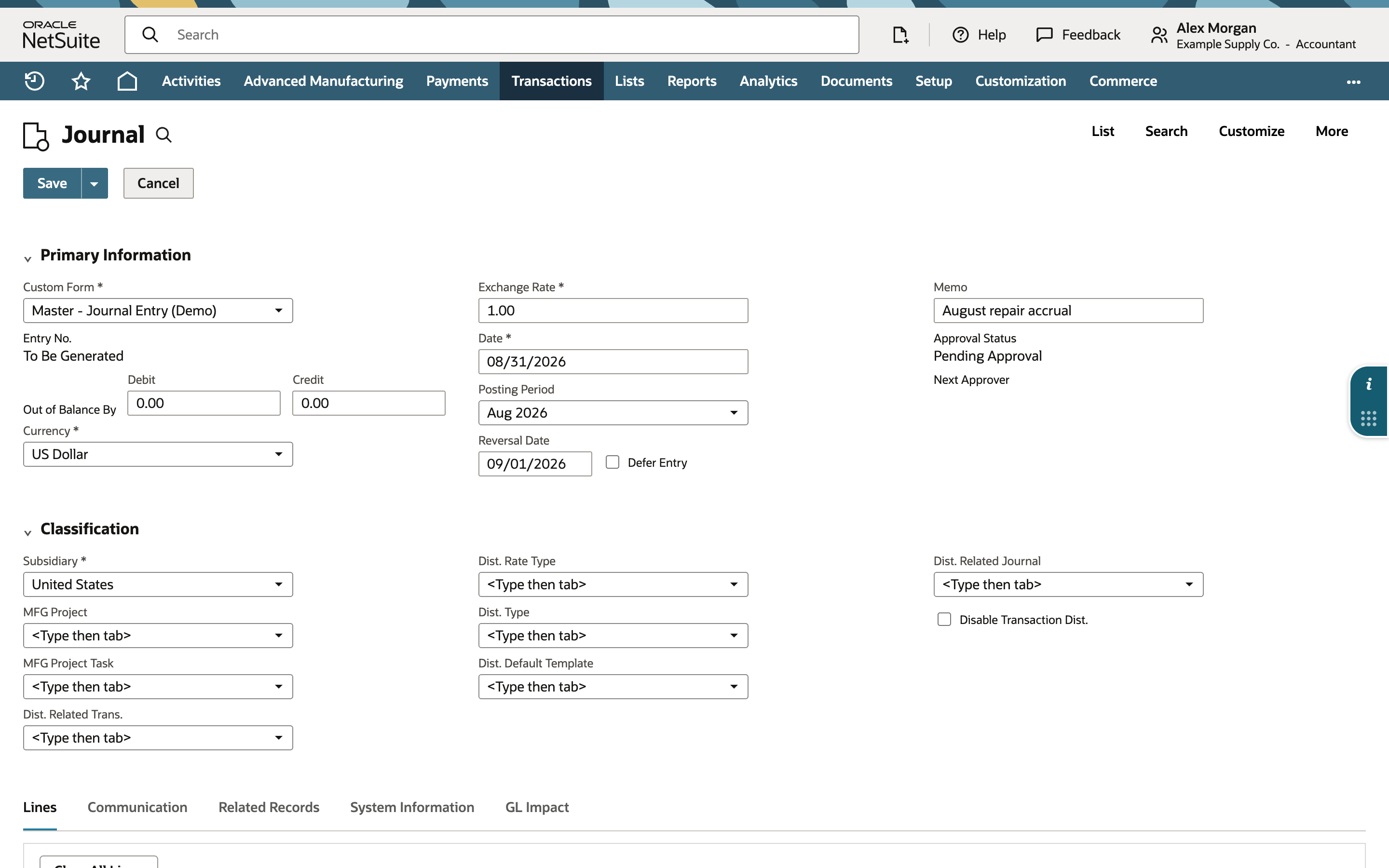 Journal form showing Reversal Date 09/01/2026 and Defer Entry unchecked