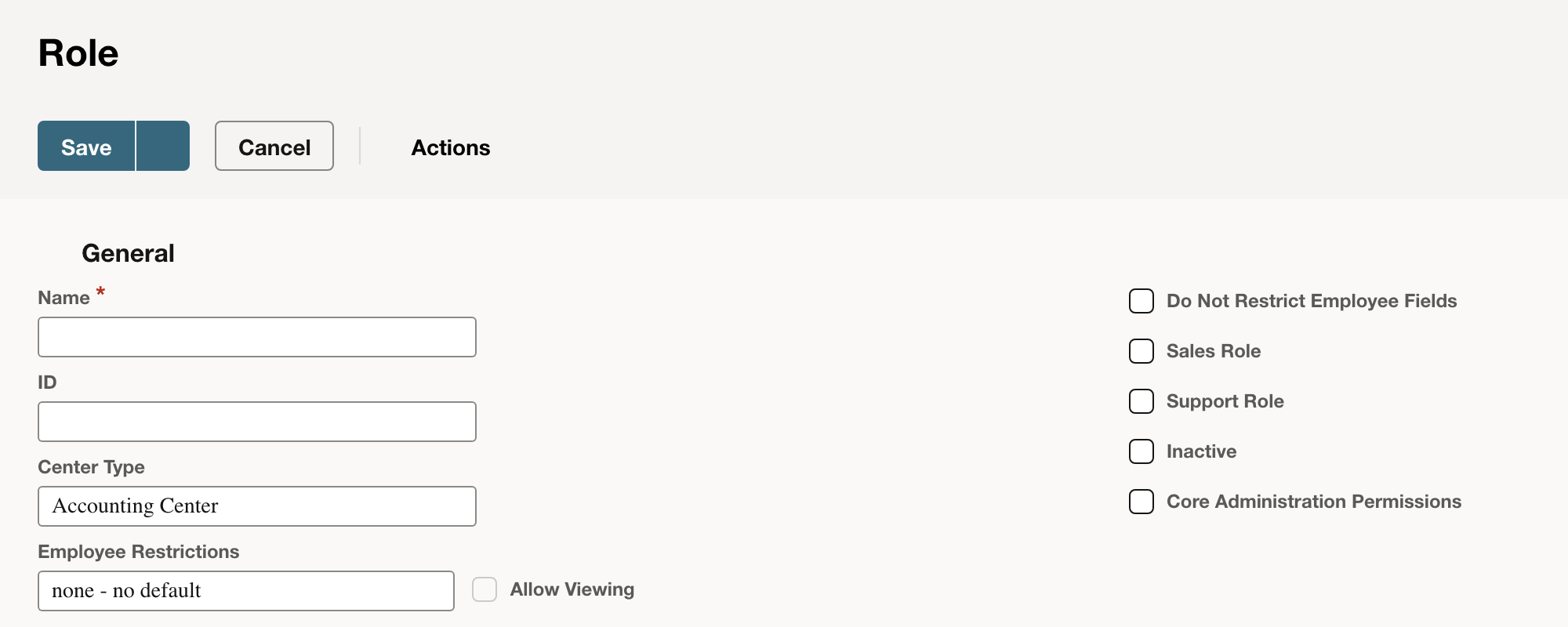 The blank Role form is ready for the role name and permissions.