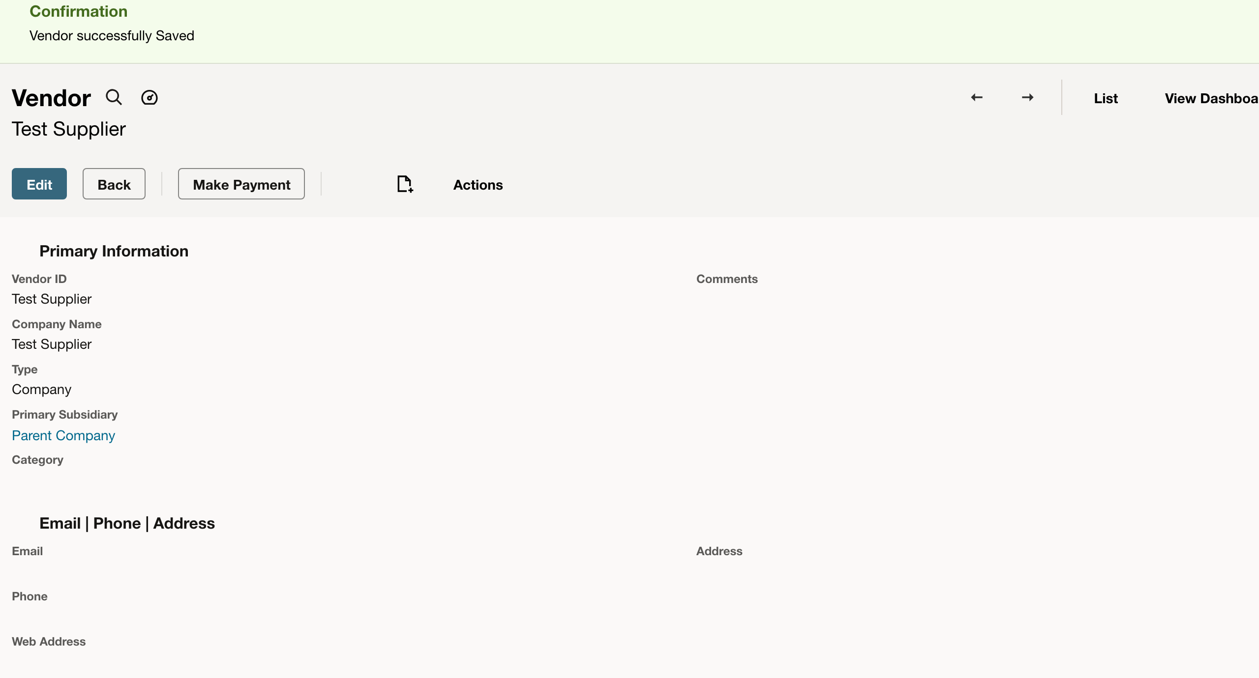 NetSuite: The saved vendor is available for the next purchasing step.
