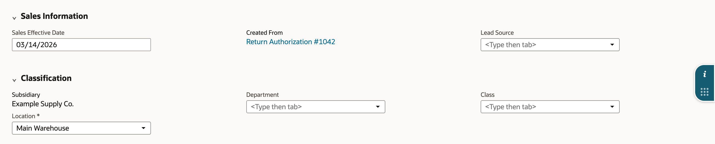 Credit memo Sales Information with Created From Return Authorization #1042, and Classification with Location Main Warehouse.