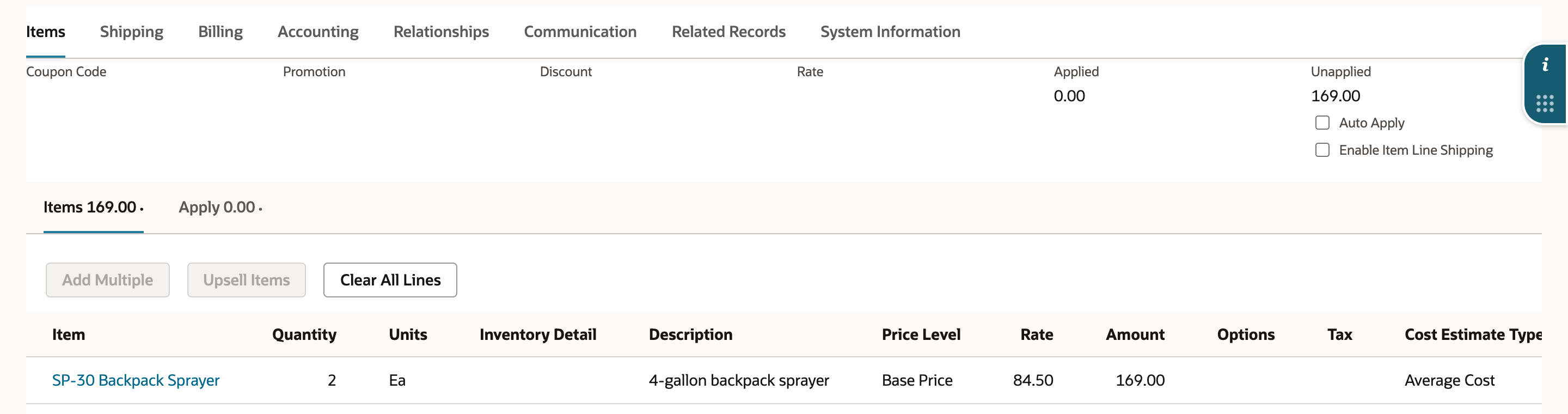 Credit memo Items subtab with Applied 0.00 and Unapplied 169.00, and one line: SP-30 Backpack Sprayer, Quantity 2, Units Ea, Price Level Base Price, Rate 84.50, Amount 169.00.