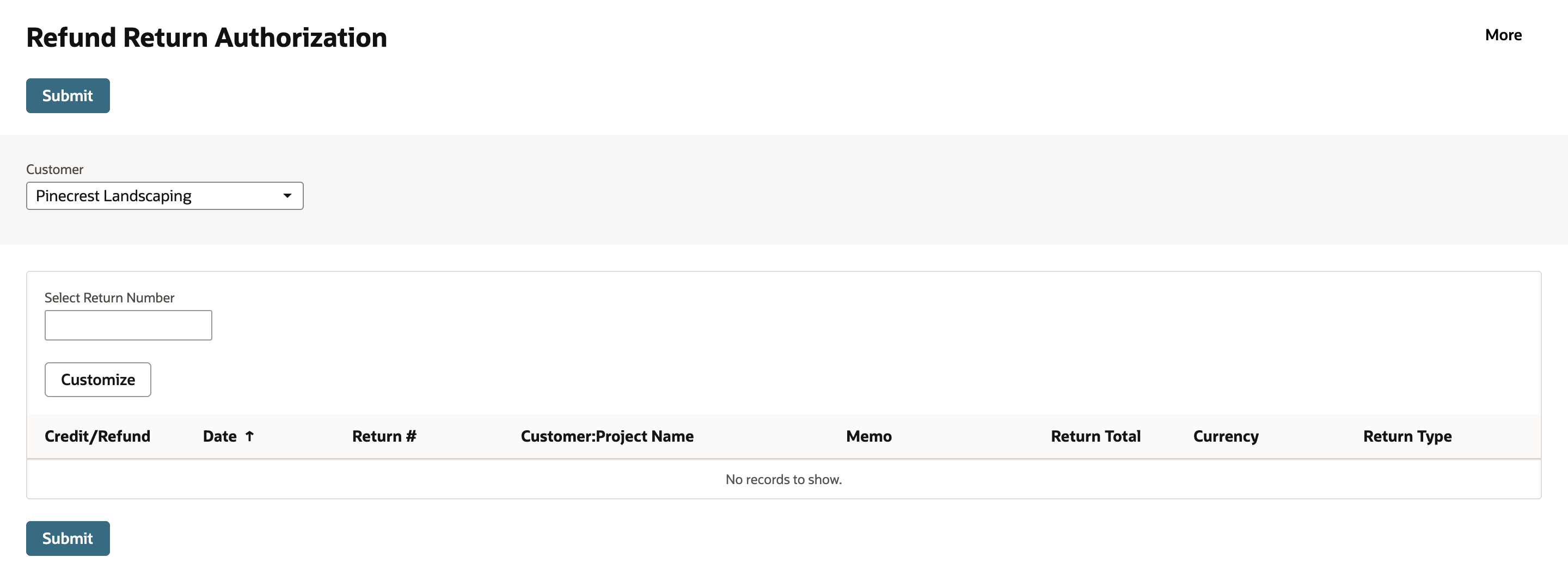 Refund Return Authorization page filtered to Customer Pinecrest Landscaping with an empty list reading No records to show.