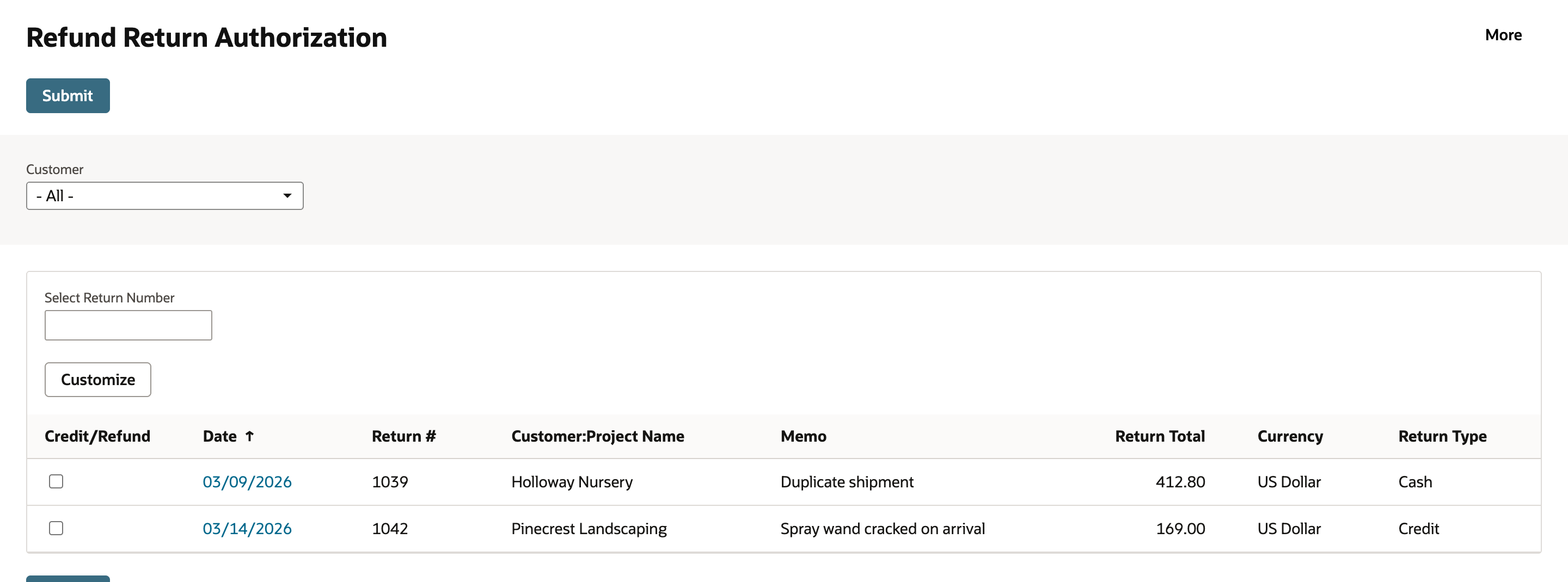 Refund Return Authorization page with Customer - All - and two rows: 1039 Holloway Nursery, Return Total 412.80, Return Type Cash; 1042 Pinecrest Landscaping, Return Total 169.00, Return Type Credit.
