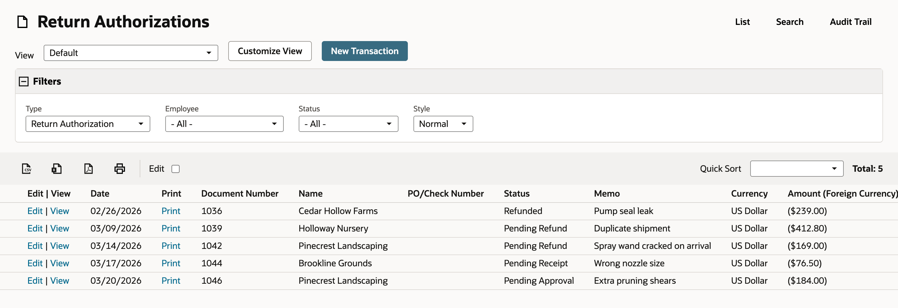 Return Authorizations list with five returns; return 1042 for Pinecrest Landscaping, dated 03/14/2026, has status Pending Refund and amount ($169.00).