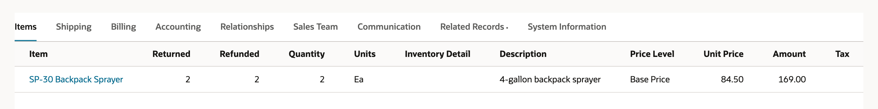 Return 1042 Items subtab: SP-30 Backpack Sprayer, Returned 2, Refunded 2, Quantity 2, Unit Price 84.50, Amount 169.00.