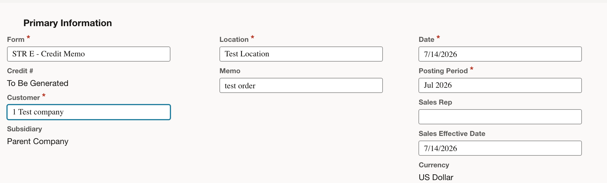 NetSuite credit memo form with customer 1 Test company, Test Location, and copied memo