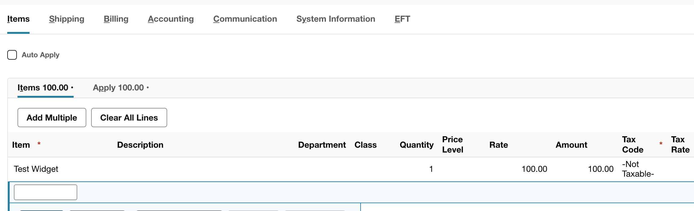 NetSuite credit memo item line showing Test Widget, quantity 1, and amount 100.00
