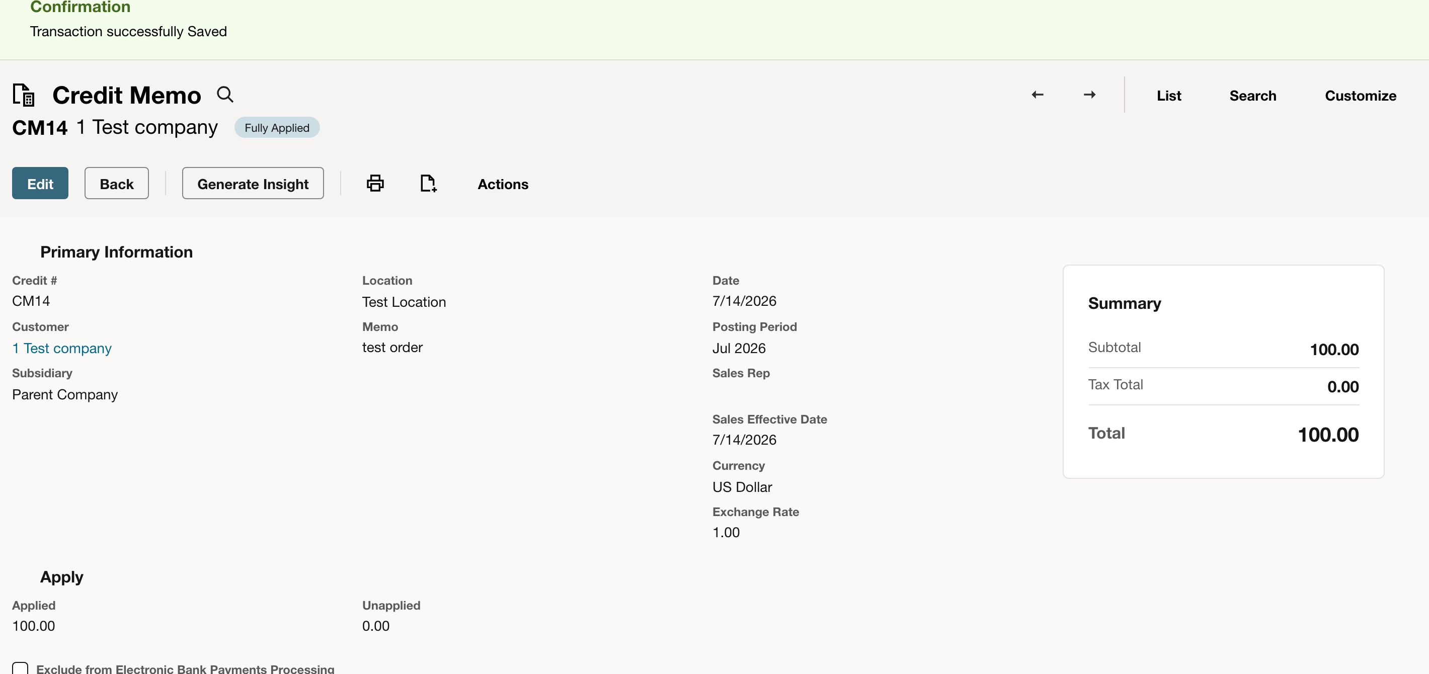 Saved NetSuite credit memo CM14 showing Fully Applied, total 100.00, and Unapplied 0.00