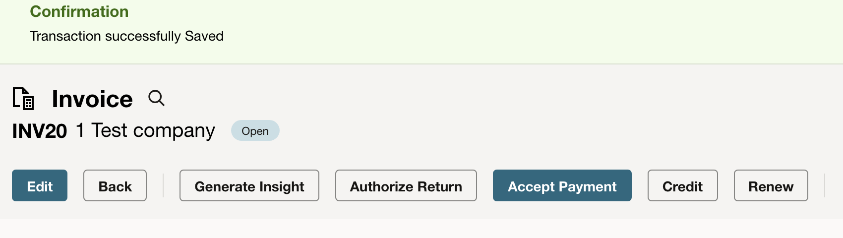 NetSuite invoice INV20 with the Credit action available