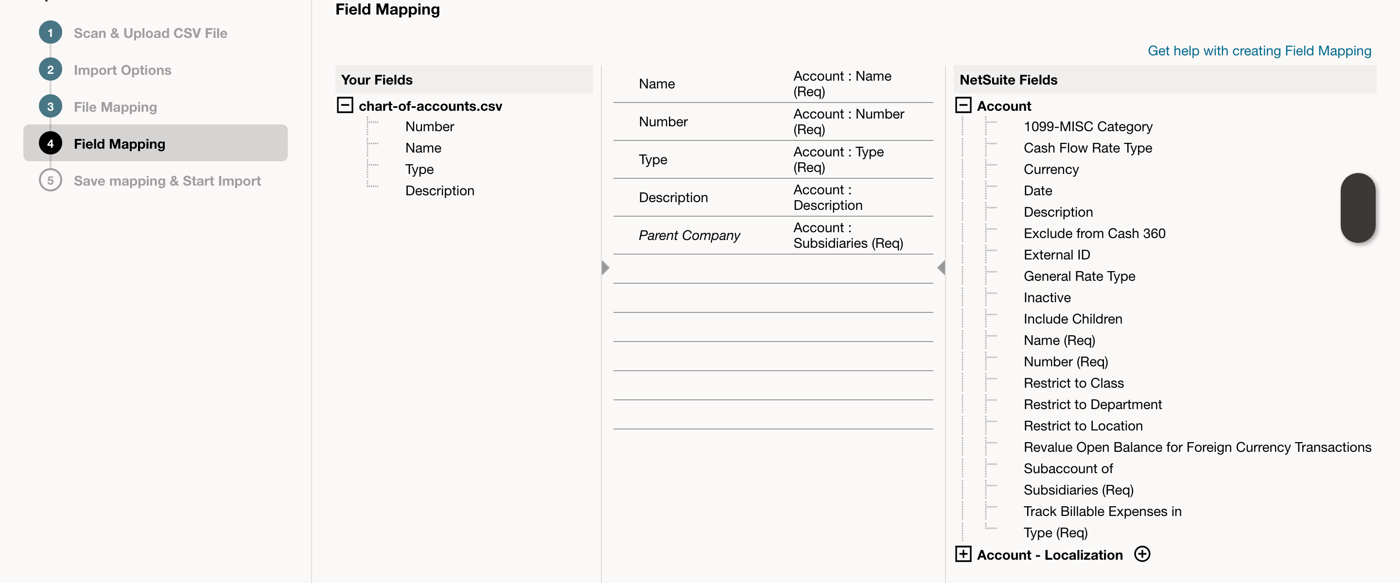 Verify required account fields and subsidiary mapping before running the import.