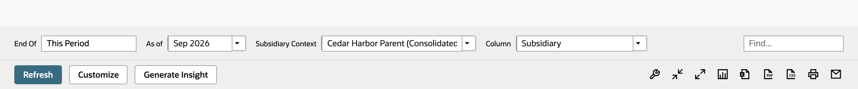 Select the consolidated parent context and Subsidiary columns.