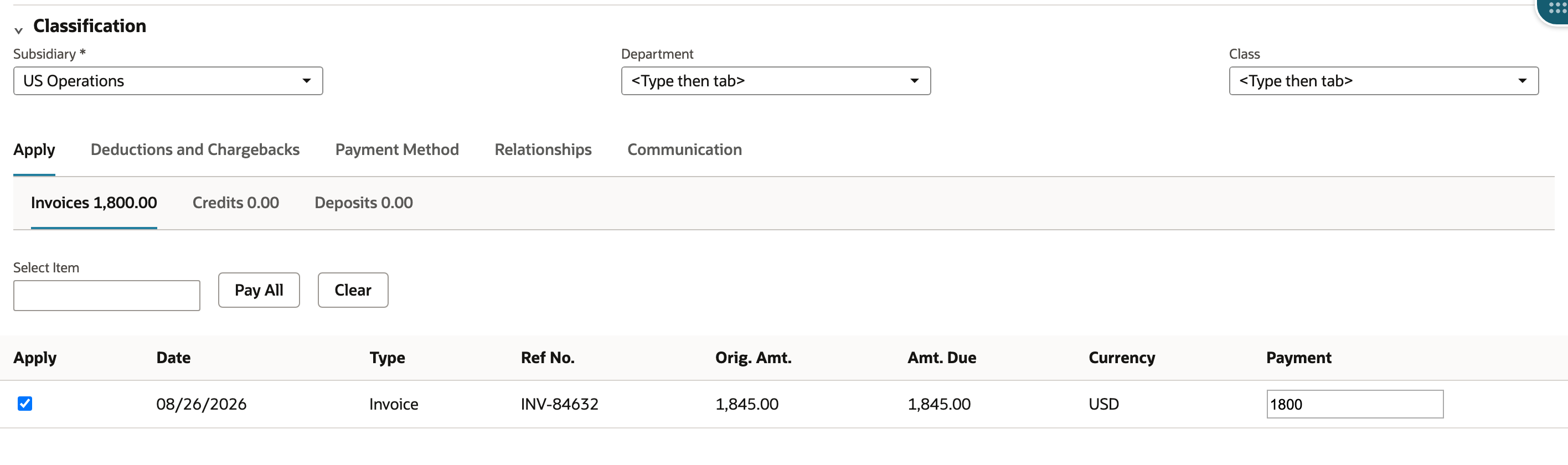 Apply $1,800.00 of cash to the invoice.
