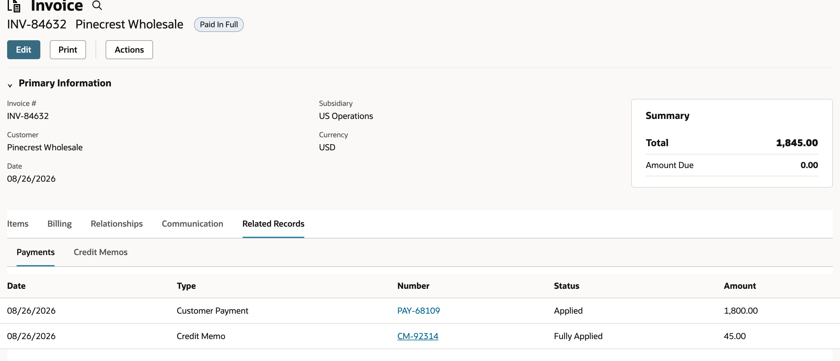 The invoice is settled by a $1,800.00 payment and $45.00 deduction credit.