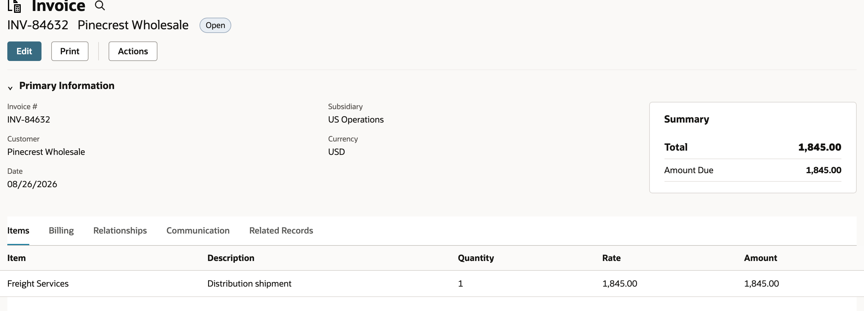 INV-84632 starts with $1,845.00 due.